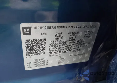 2019 Chevrolet Trax Lt из США, поврежденный, VIN 3GNCJLSB7KL307690